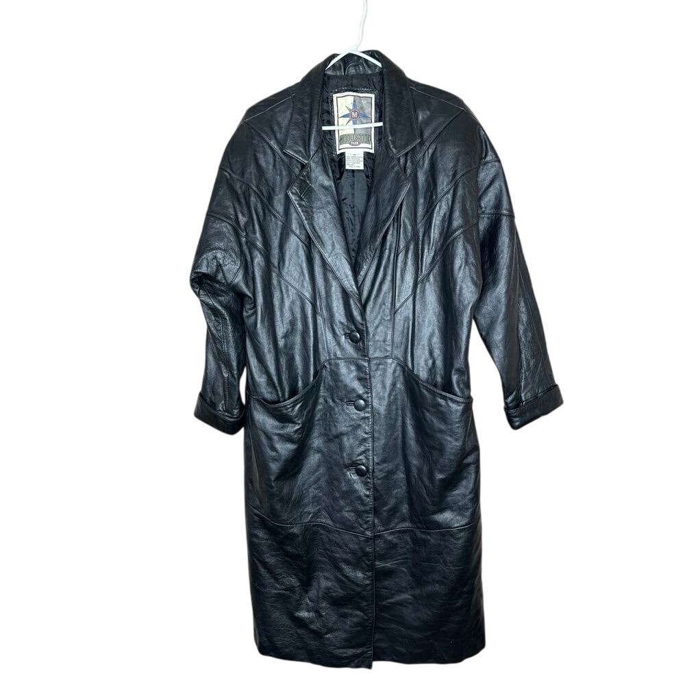 Middlebrook Park Vintage Black Leather Trench Coat Long Duster Jacket Women's M